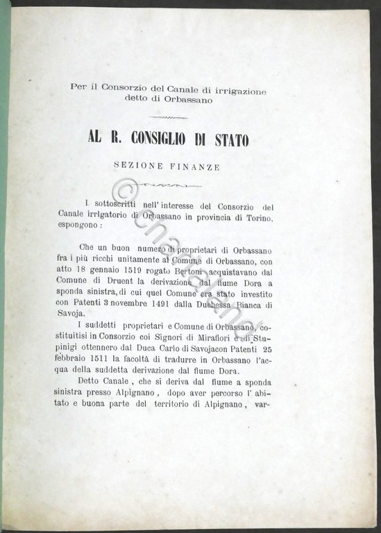 Consorzio Canale di Orbassano - Esposizione al R. Consiglio di …