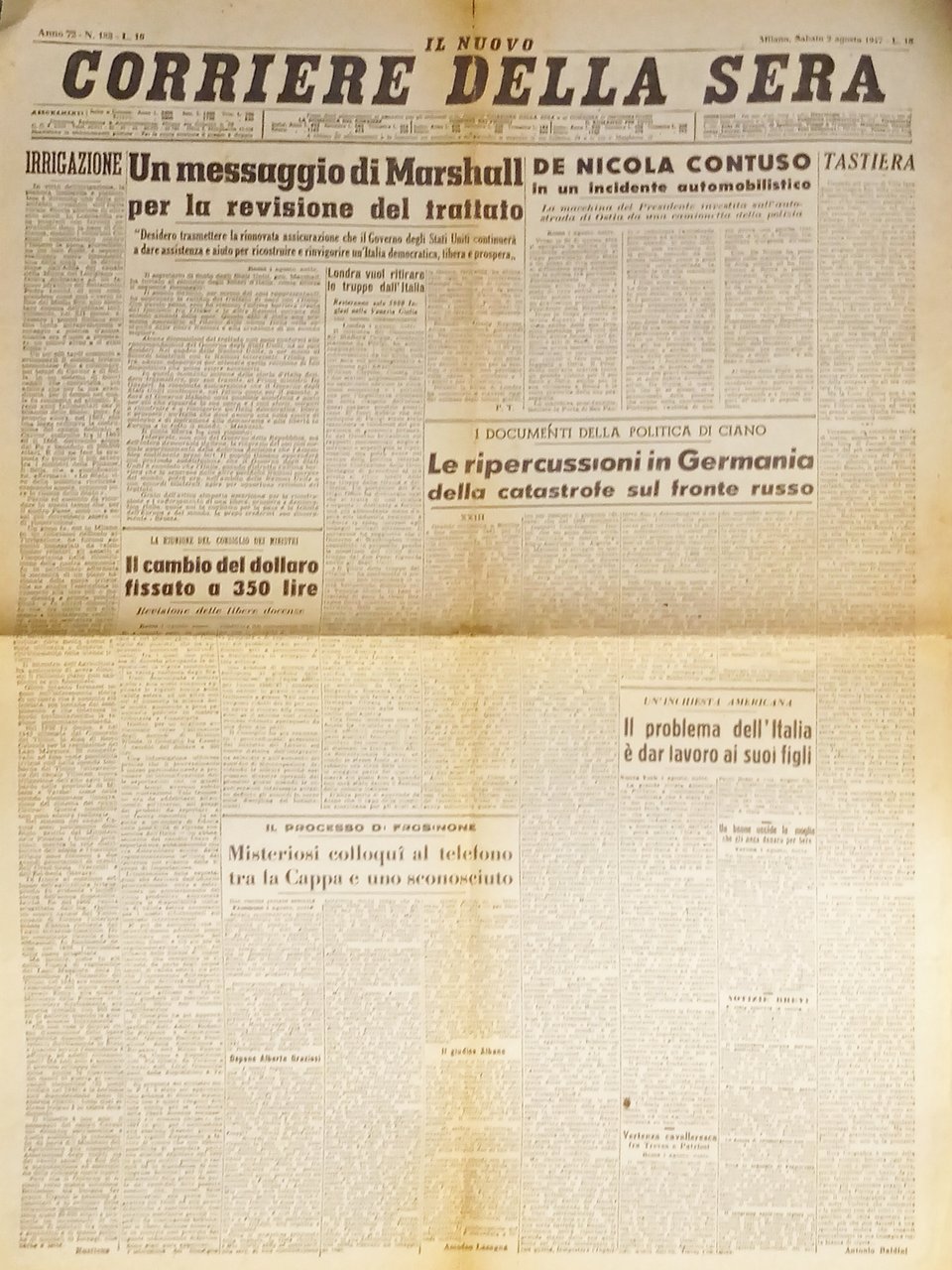 Corriere della Sera N.183 - 1947 Messaggio di Marshall per … | Immagine principale