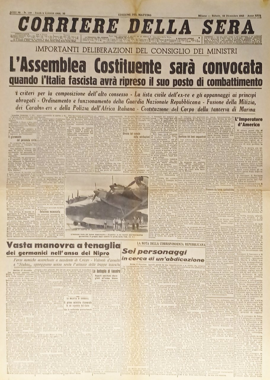 Corriere della Sera N. 299 - 1943 L'Assemblea Costituente sarà … | Immagine principale