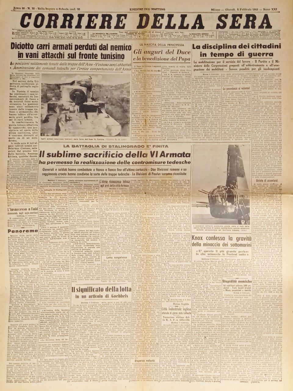 Corriere della Sera N. 30 - 1943 Il sublime sacrificio …