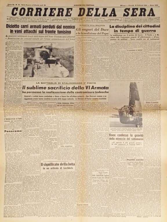 Corriere della Sera N. 30 - 1943 Il sublime sacrificio della VI Armata