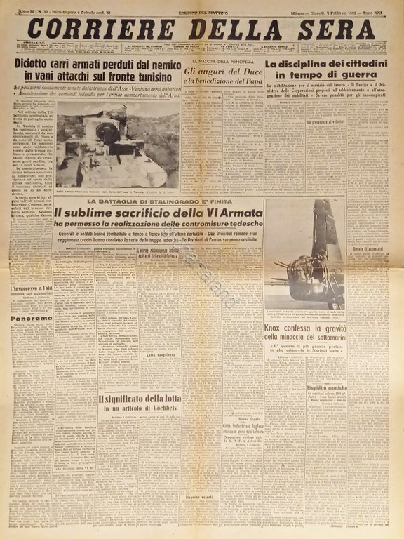 Corriere della Sera N. 30 - 1943 Il sublime sacrificio …
