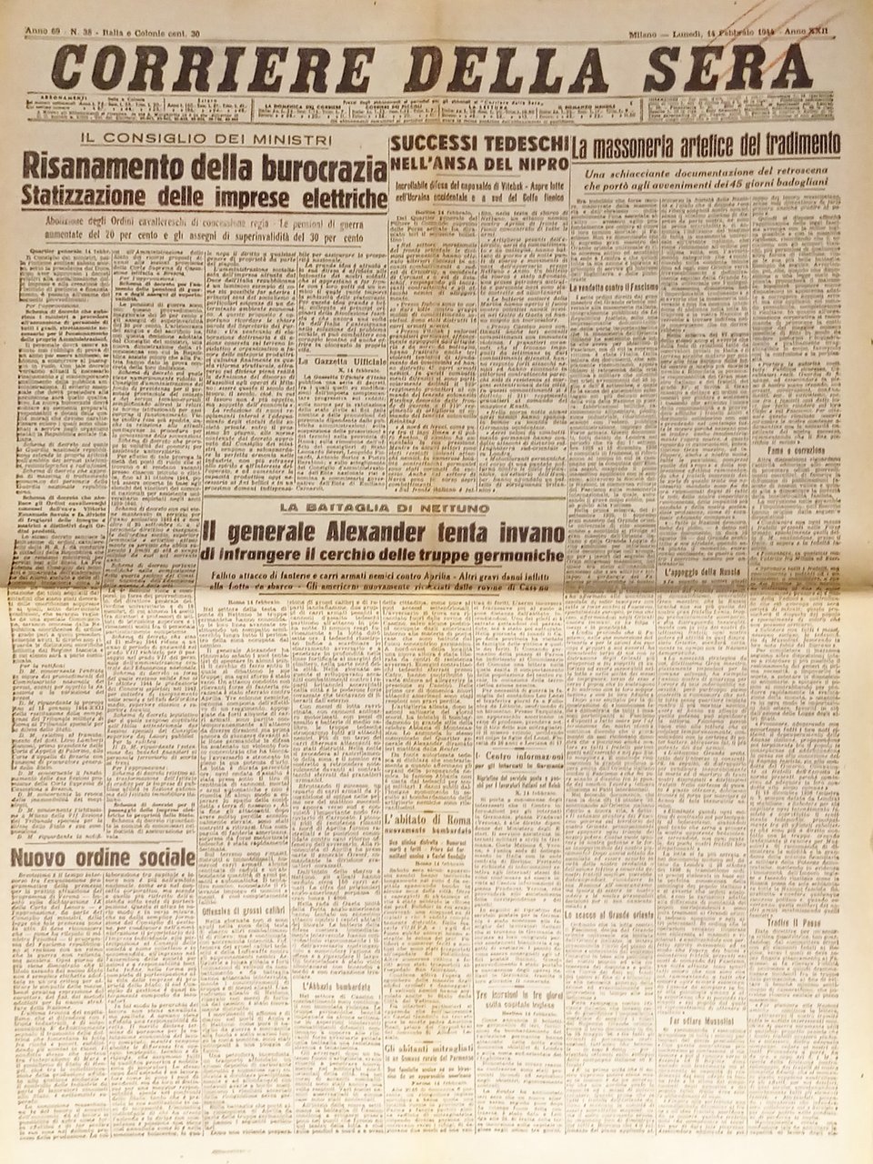 Corriere della Sera N. 38 - 1944 Risanamento della burocrazia