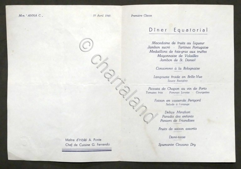 Costa Crociere M/n Anna C. - Menù cena equatoriale prima …