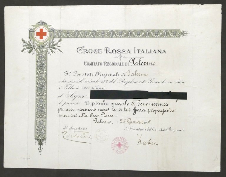 Croce Rossa Italiana - Comitato di Palermo - Diploma di Benemerenza - 1916