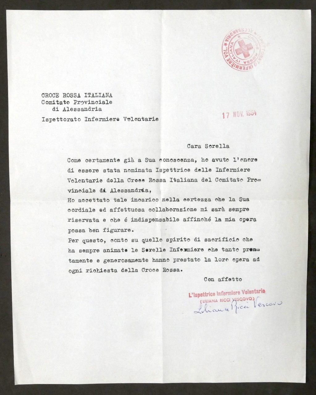 Croce Rossa Italiana - Lettera Infermiere Volonatarie Comitato Alessandria 1964
