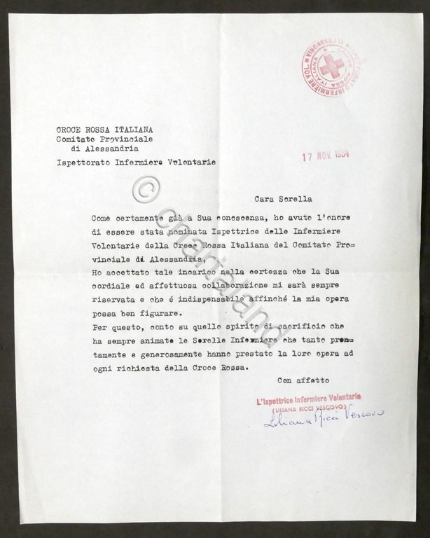 Croce Rossa Italiana - Lettera Infermiere Volonatarie Comitato Alessandria 1964