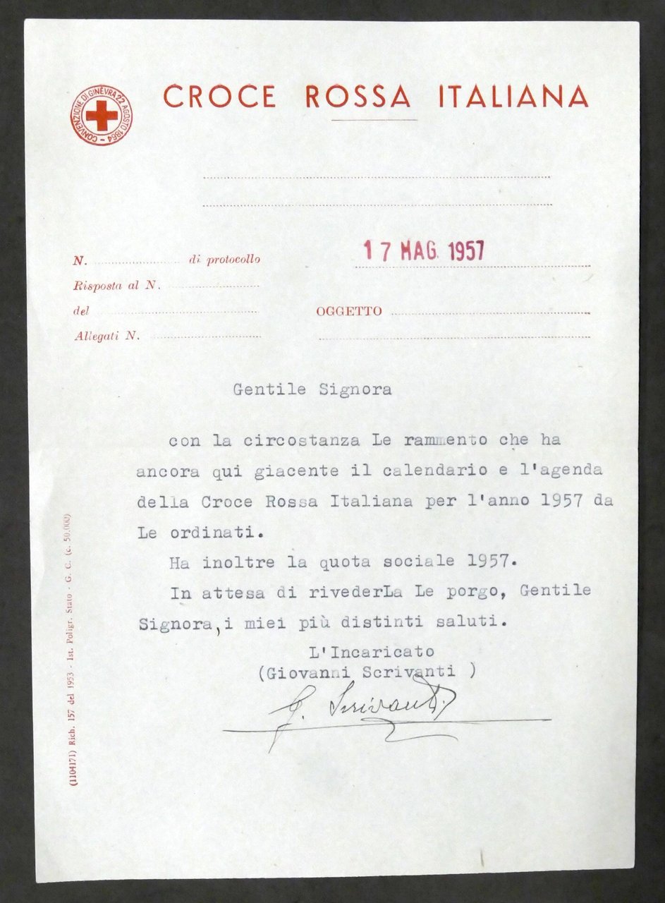 Croce Rossa Italiana - Lettera informativa dattiloscritta - 1957