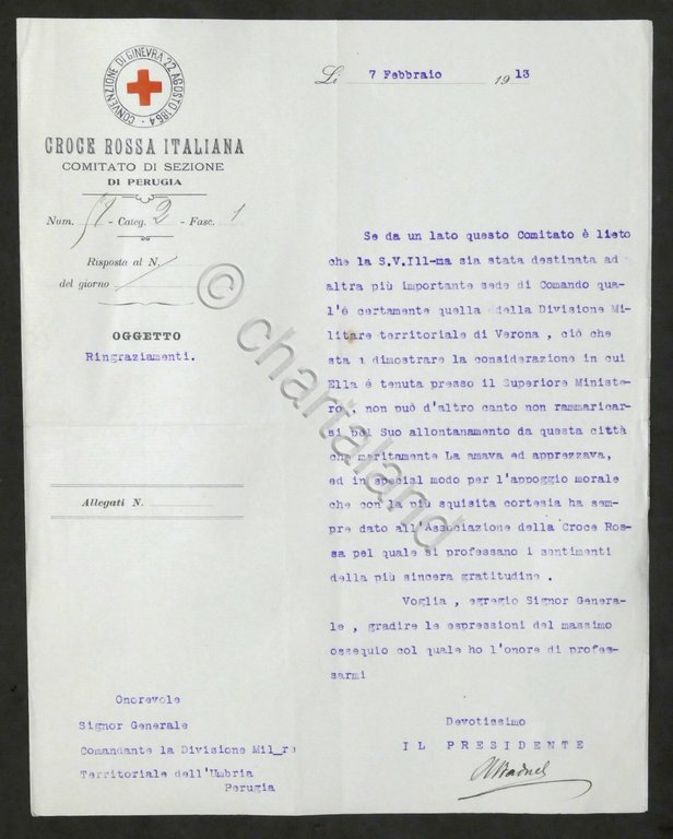 Croce Rossa Italiana - Sezione di Perugia - Lettera di ringraziamenti - 1913