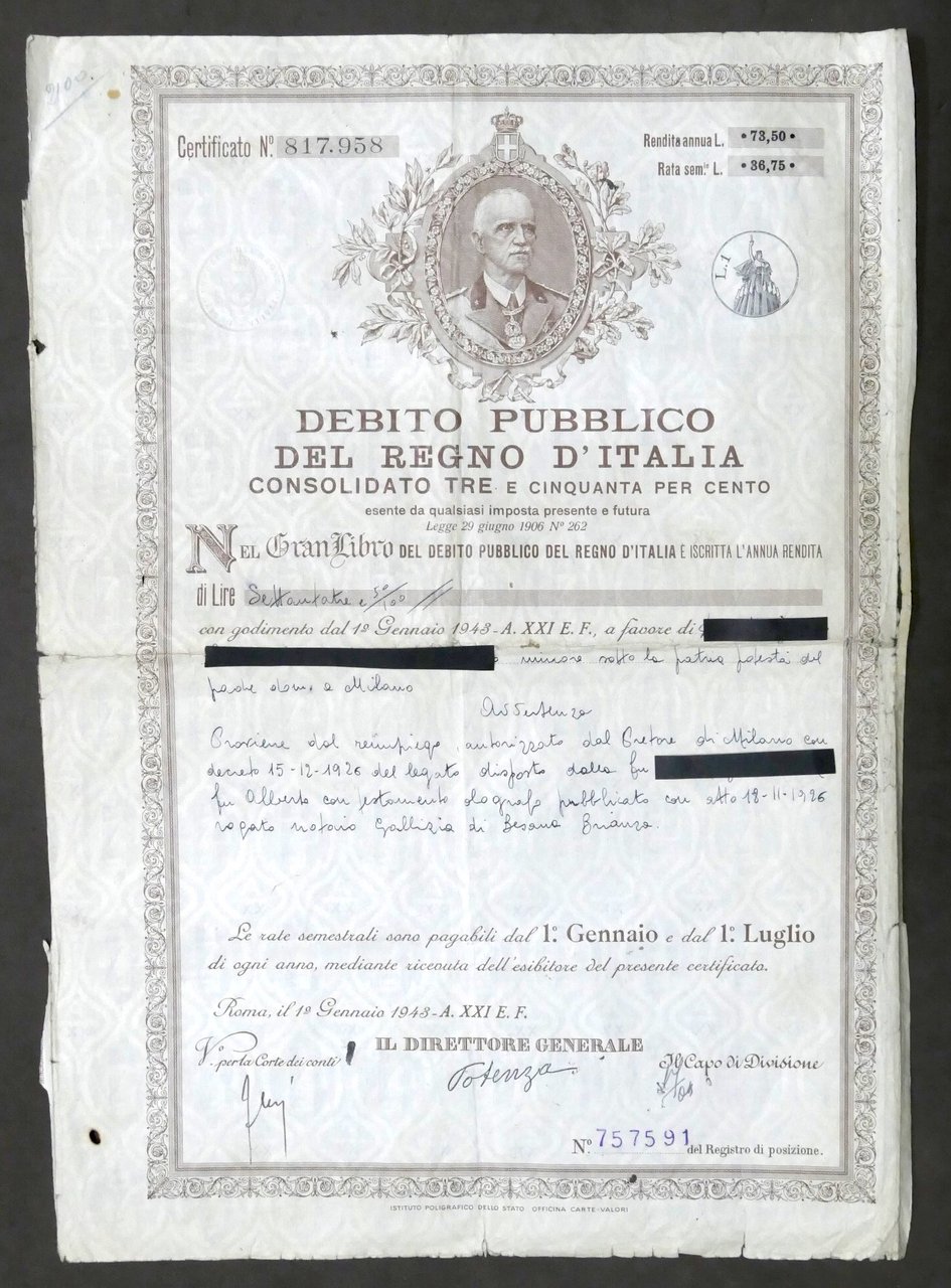 Debito Pubblico Regno d'Italia - Certificato Rendita annuale - 1943