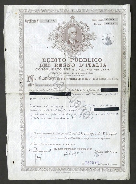 Debito Pubblico Regno d'Italia - Certificato Rendita annuale - 1943