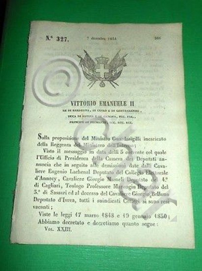 Decreti Regno Sardegna Collegii Elettorali Annecy Cagliari Sassari Ivrea 1854