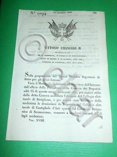 Decreti Regno Sardegna Collegii Elettorali di Savigliano e Costiglione 1850