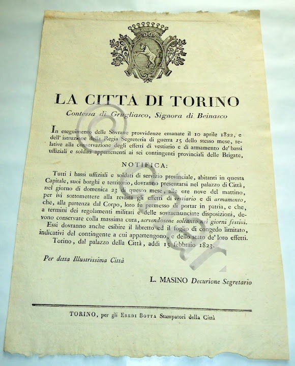 Decreti Regno Sardegna Controllo delle Armi e Uniformi Soldati Torino …