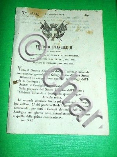 Decreti Regno Sardegna Convocazione Collegi Elettorali Isola di Sardegna 1853