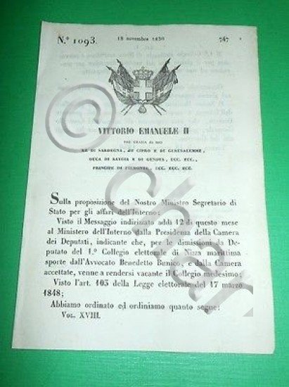 Decreti Regno Sardegna Convocazione Collegio Elettorale di Nizza Marittima 1850