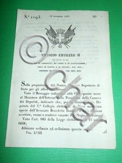 Decreti Regno Sardegna Convocazione Collegio Elettorale di Nizza Marittima 1850