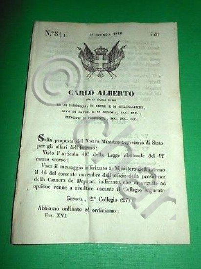 Decreti Regno Sardegna Convocazione Secondo Collegio Elettorale di Genova 1848