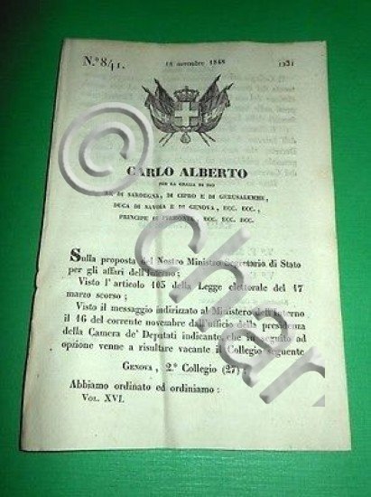 Decreti Regno Sardegna Convocazione Secondo Collegio Elettorale di Genova 1848