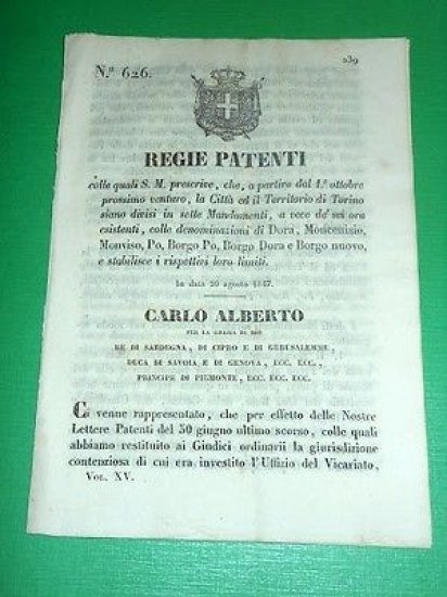 Decreti Regno Sardegna Mandamenti Città e Territorio di Torino 1847
