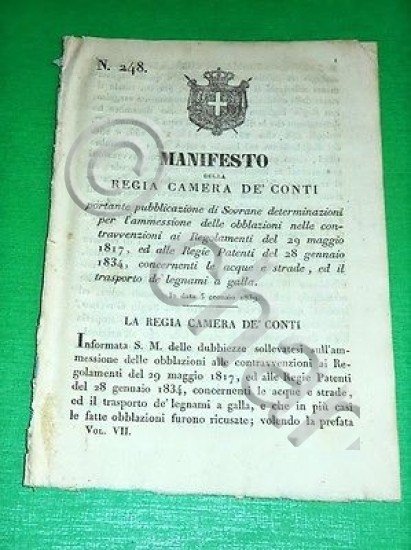 Decreti Regno Sardegna Manifesto Ammessione Obblazioni Contravvenzioni 1839