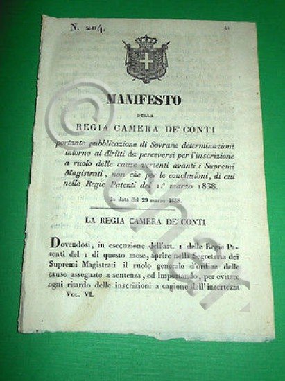 Decreti Regno Sardegna Manifesto Diritti Inscrizione Ruolo Cause Vertenti 1838