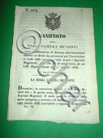 Decreti Regno Sardegna Manifesto Diritti Inscrizione Ruolo Cause Vertenti 1838