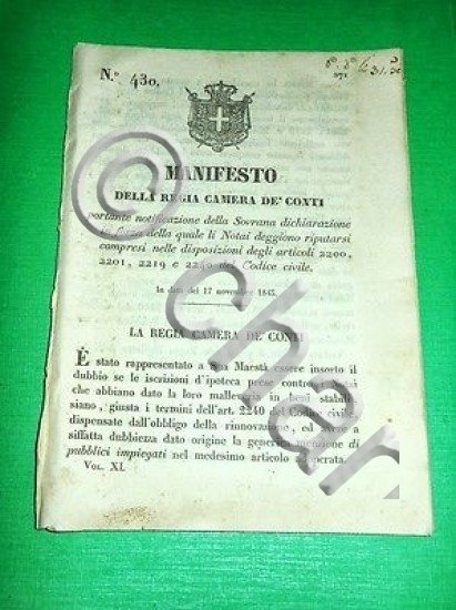 Decreti Regno Sardegna Manifesto Notai e Codice Civile 1843
