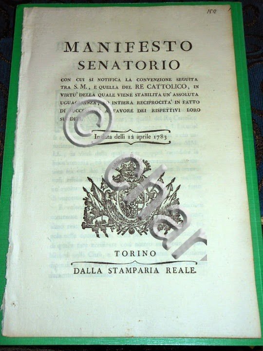 Decreti Regno Sardegna Manifesto Sanatorio Convenzione Successioni 1783