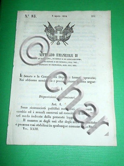 Decreti Regno Sardegna Torino Agenti di Cambio Pubblici Mediatori 1854