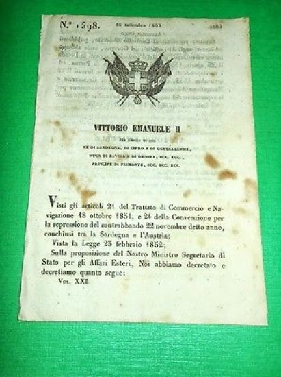 Decreti Regno Sardegna Torino Atto Accettazione Trattato Navigazione Vienna 853