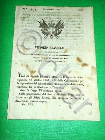 Decreti Regno Sardegna Torino Atto Accettazione Trattato Navigazione Vienna 853