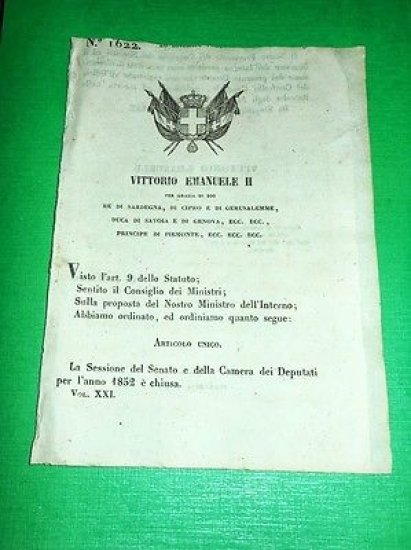 Decreti Regno Sardegna Torino Chiusura Sessione Senato e Camera anno …