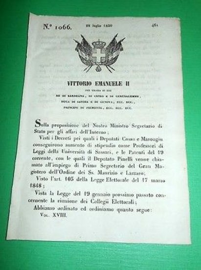 Decreti Regno Sardegna Torino Collegii Elettorali Courgnè e Sassari 1850
