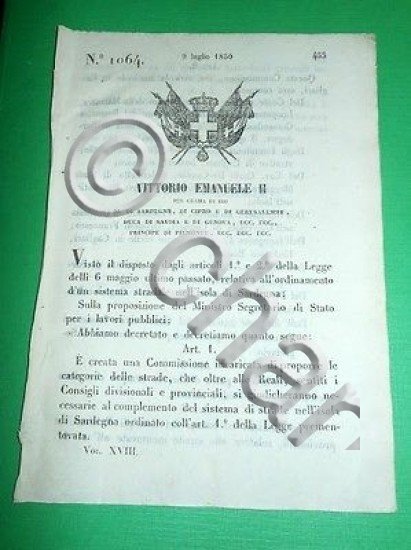 Decreti Regno Sardegna Torino Commissione Categorie Strade 1850 | Immagine Gallery 2