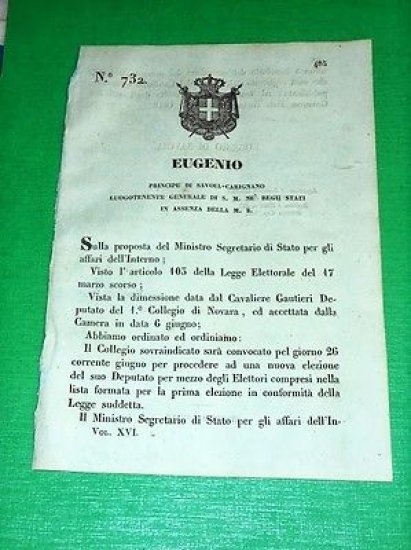 Decreti Regno Sardegna Torino Convoca 1.° Collegio Elettorale di Novara1848 | Immagine principale