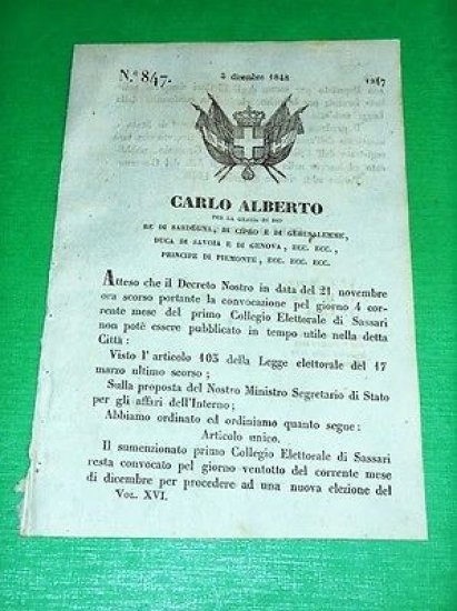 Decreti Regno Sardegna Torino Convocazione 1.° Collegio Elettorale Sassari 1848