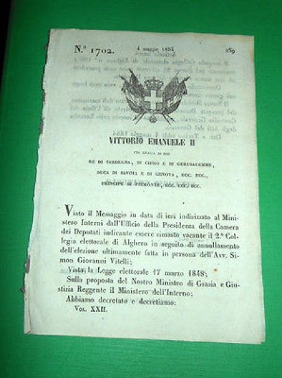 Decreti Regno Sardegna Torino Convocazione 2° Collegio Elettorale di Alghero … | Immagine principale