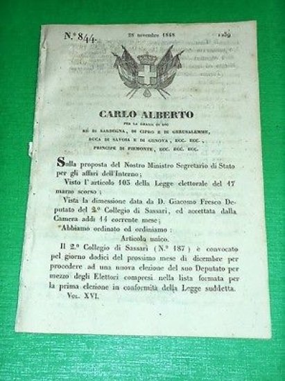 Decreti Regno Sardegna Torino Convocazione 2.° Collegio Elettorale Sassari 1848