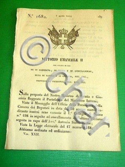 Decreti Regno Sardegna Torino Convocazione Collegio Elettorale di Nuoro 1854