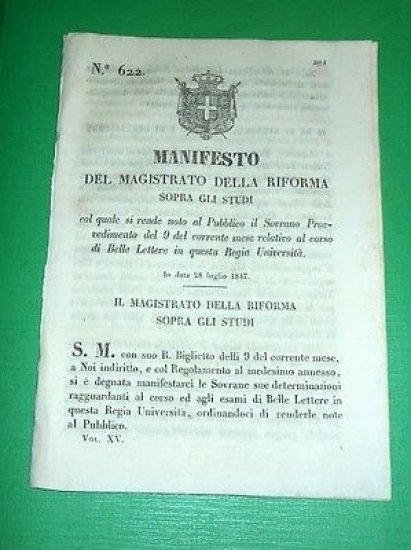 Decreti Regno Sardegna Torino Corso Belle Lettere in Regia Università … | Immagine principale
