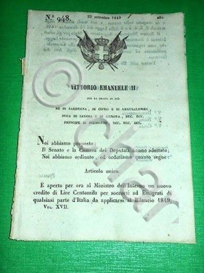 Decreti Regno Sardegna Torino Credito Soccorsi Emigrati Italiani 1849