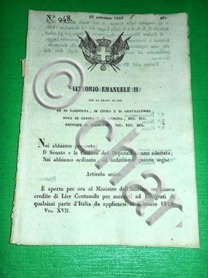 Decreti Regno Sardegna Torino Credito Soccorsi Emigrati Italiani 1849