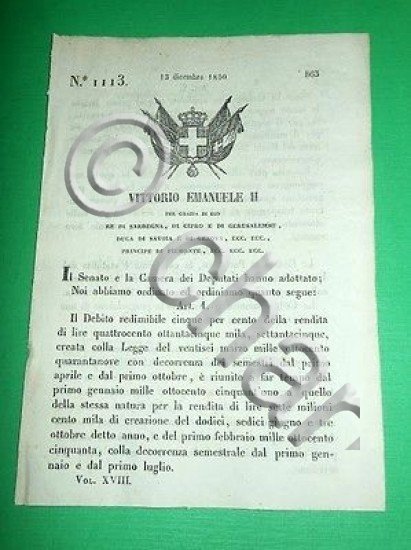 Decreti Regno Sardegna Torino Debito Redimibile 1850