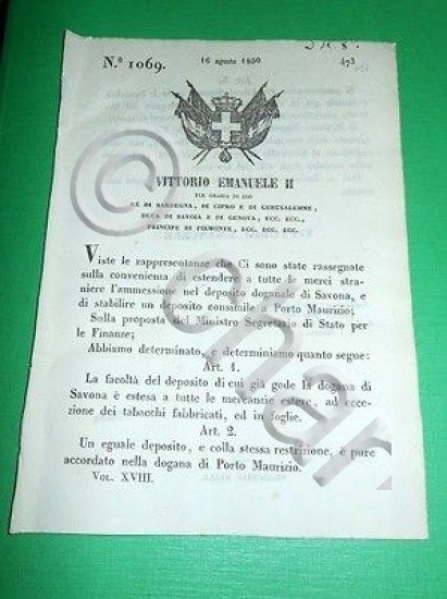 Decreti Regno Sardegna Torino Deposito Doganale di Savona 1850