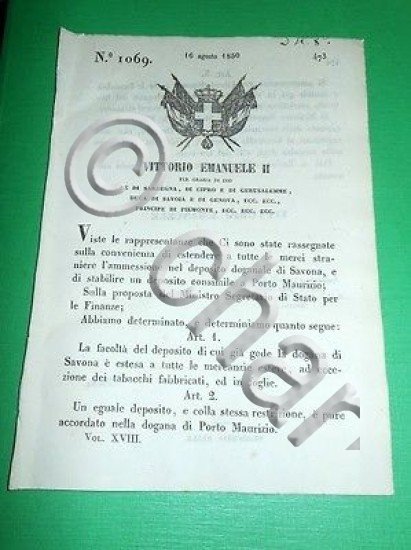 Decreti Regno Sardegna Torino Deposito Doganale di Savona 1850