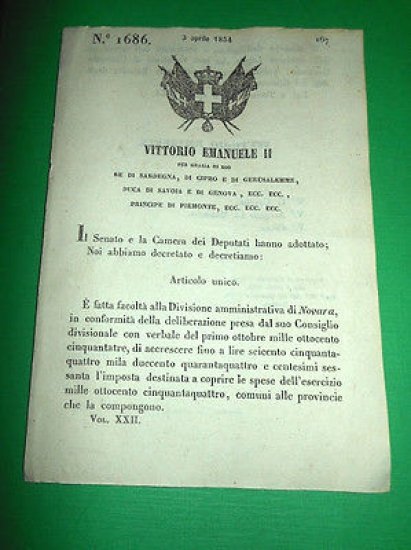Decreti Regno Sardegna Torino Divisione Amministrativa di Novara 1854