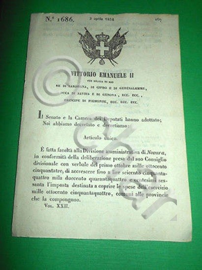 Decreti Regno Sardegna Torino Divisione Amministrativa di Novara 1854