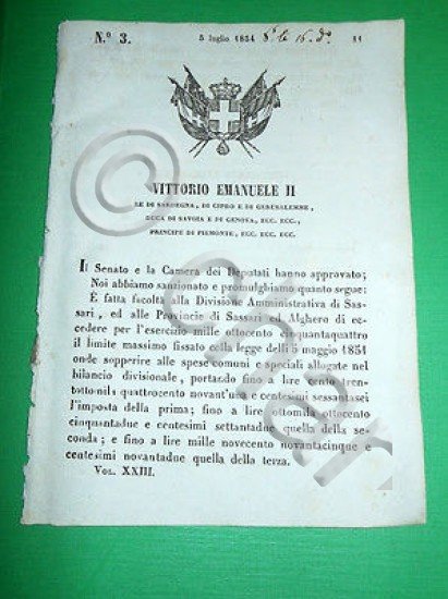 Decreti Regno Sardegna Torino Divisione Amministrativa di Sassari Alghero 1854
