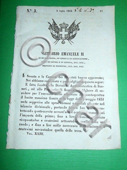 Decreti Regno Sardegna Torino Divisione Amministrativa di Sassari Alghero 1854